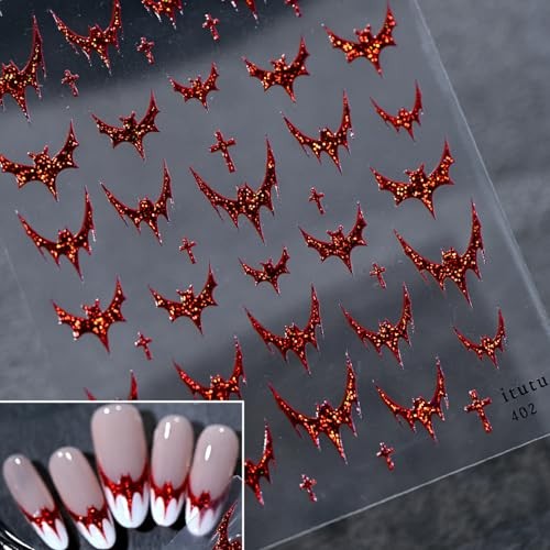 1 Sheets Red Bat Nail Decals for Nail Art 5D Halloween Nail Bat Stickers-3