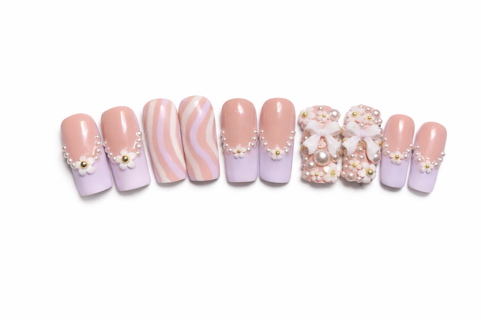Nude & Lavender Press-On Nails with Pearl & Bow Accents