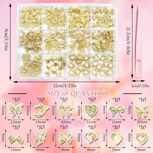120 Pcs 3D Gold Nail Charms, 12Styles Alloy Bow 01 Gold Bow Heart Butterfly