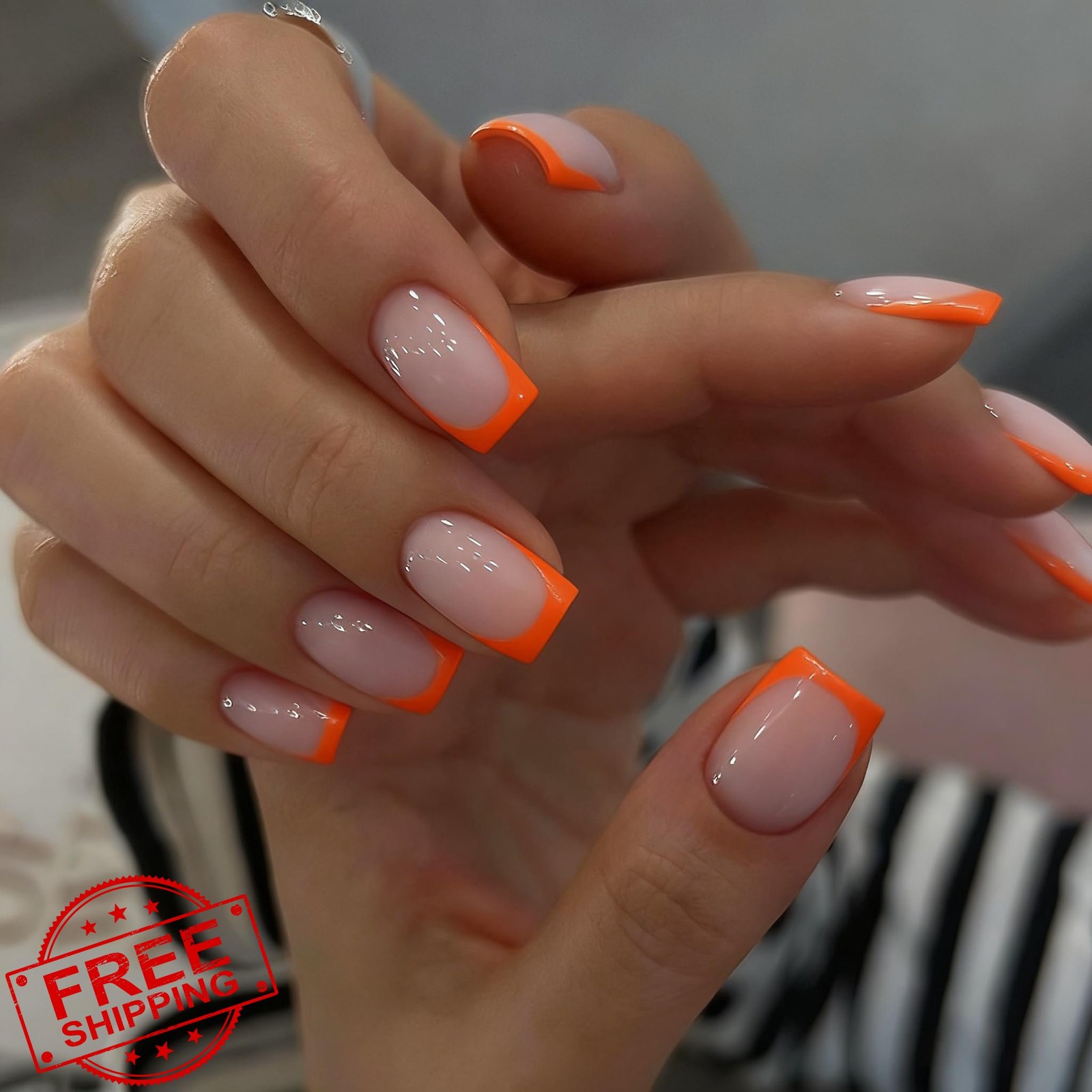 SXVME Short Square Orange French Tip Press On Nails Kit 30pc Glue