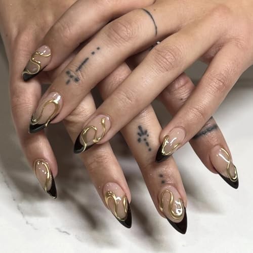 Y2K Black French Tip Press on Nails Medium Almond Stiletto, Nude Glossy A07
