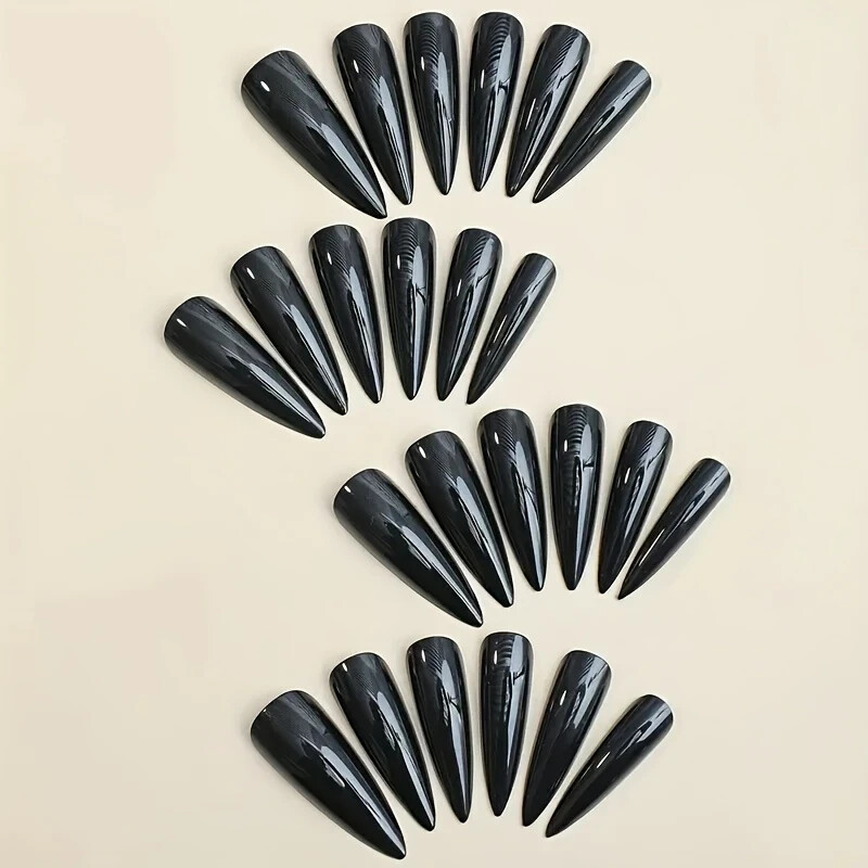 24pcs Black Ultra Long Gothic Style Long Pointed Press On Nails, Halloween