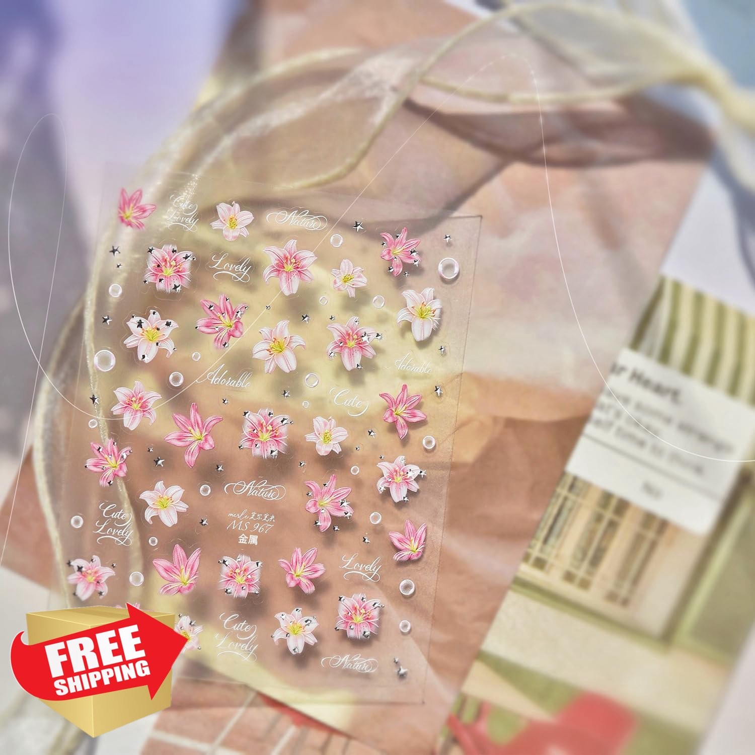 FDSQHSA 5D Pink Flower Nail Stickers