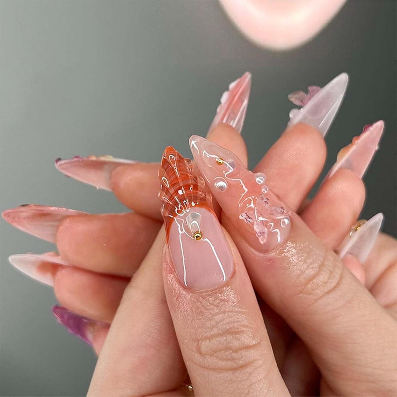 24Pcs Colorful Flower Press on Nails Medium Almond Fake Nails with 3D Butterfly