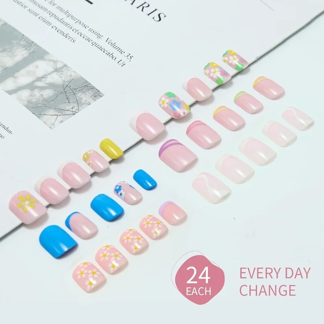 6 Packs (144 Pcs) Press on Nails Short Design, Misssix Fake Nails, Glue on Nails
