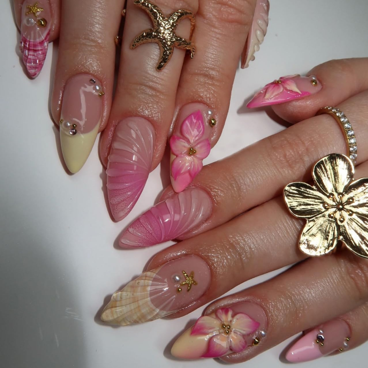3D Flower Press on Nails Almond Summer Spring Pink Nails Press on French Fake Na