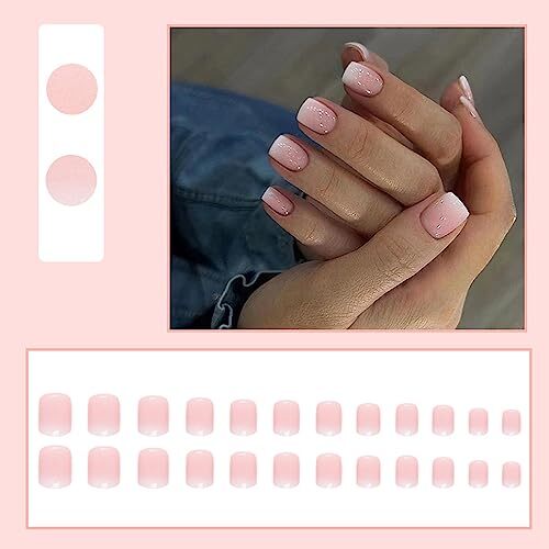 24 Pcs Nude Pink Press on Nails Short Square – Cute Fake Nails Press Design A1