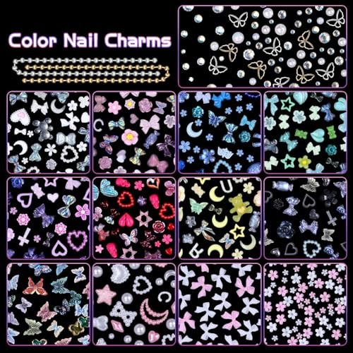 3D Nail Charms Set, Color Flower Bow Moon Heart Star Nail Art Charms, Half