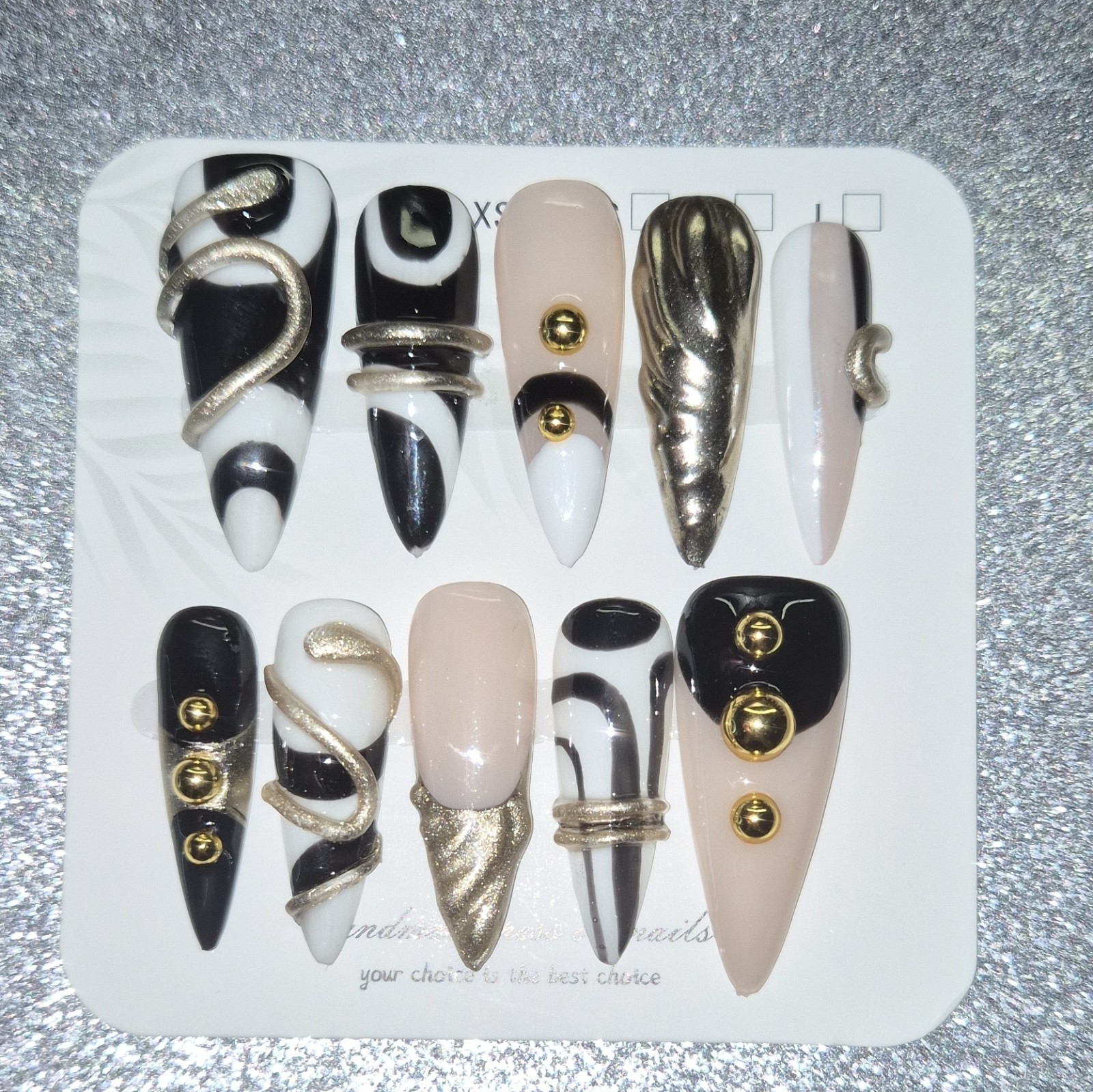 Black White Beige Gold Silver Metallic 3D Stiletto Press-On Nails Long Set