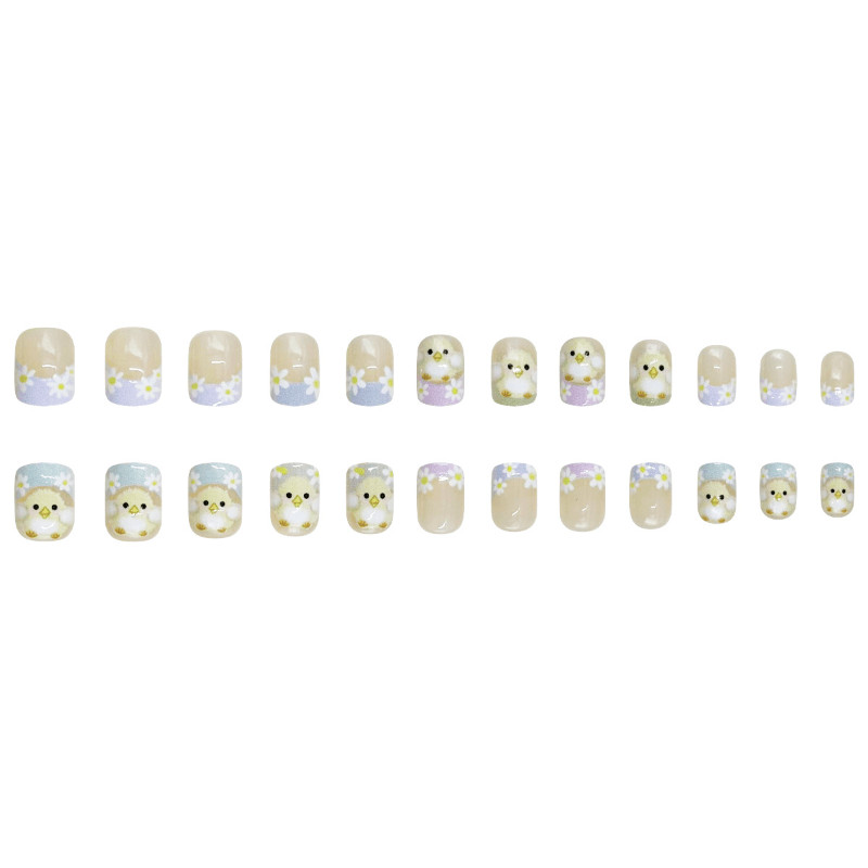 48 Pcs Cute Chick Daisy Press on Nails, Short Square French Lovely Fake Nails