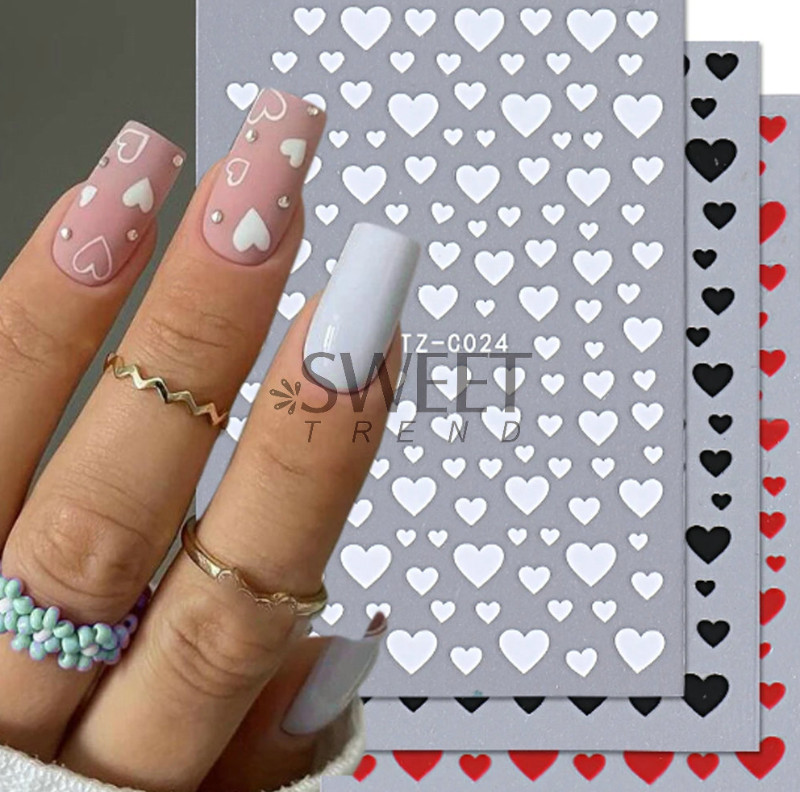 3Pcs Nail Art Black White Red Stickers Decals Transfer Valentine Love Heart NS44