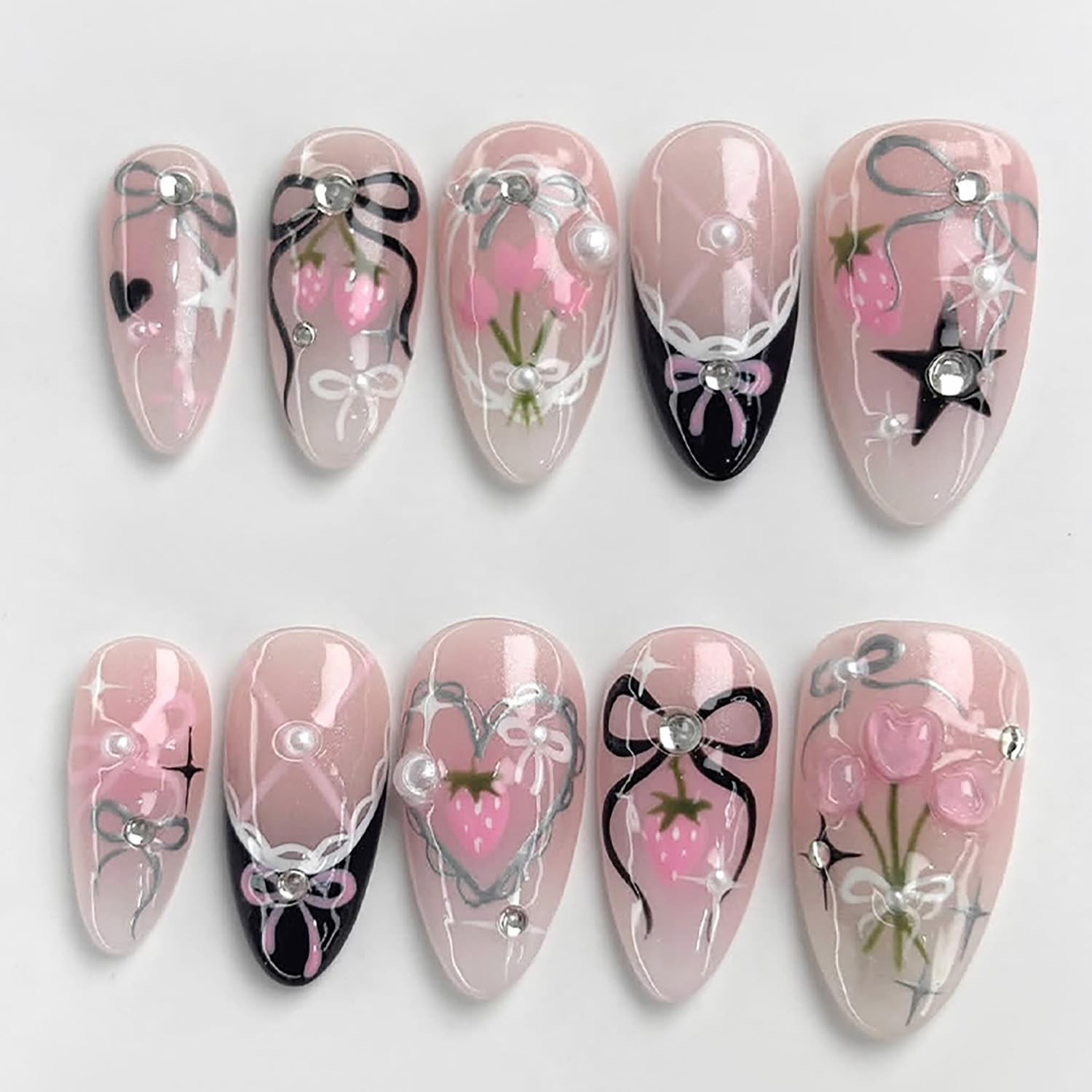 30Pcs Valentines Day Press on Nails Medium Almond Heart Fake Nails 3D Floral …