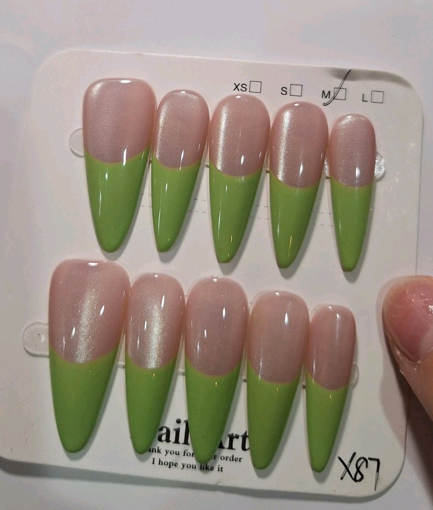 Medium Press On Nails Green Pink Shiny Stiletto Full Cover Pre-Designed