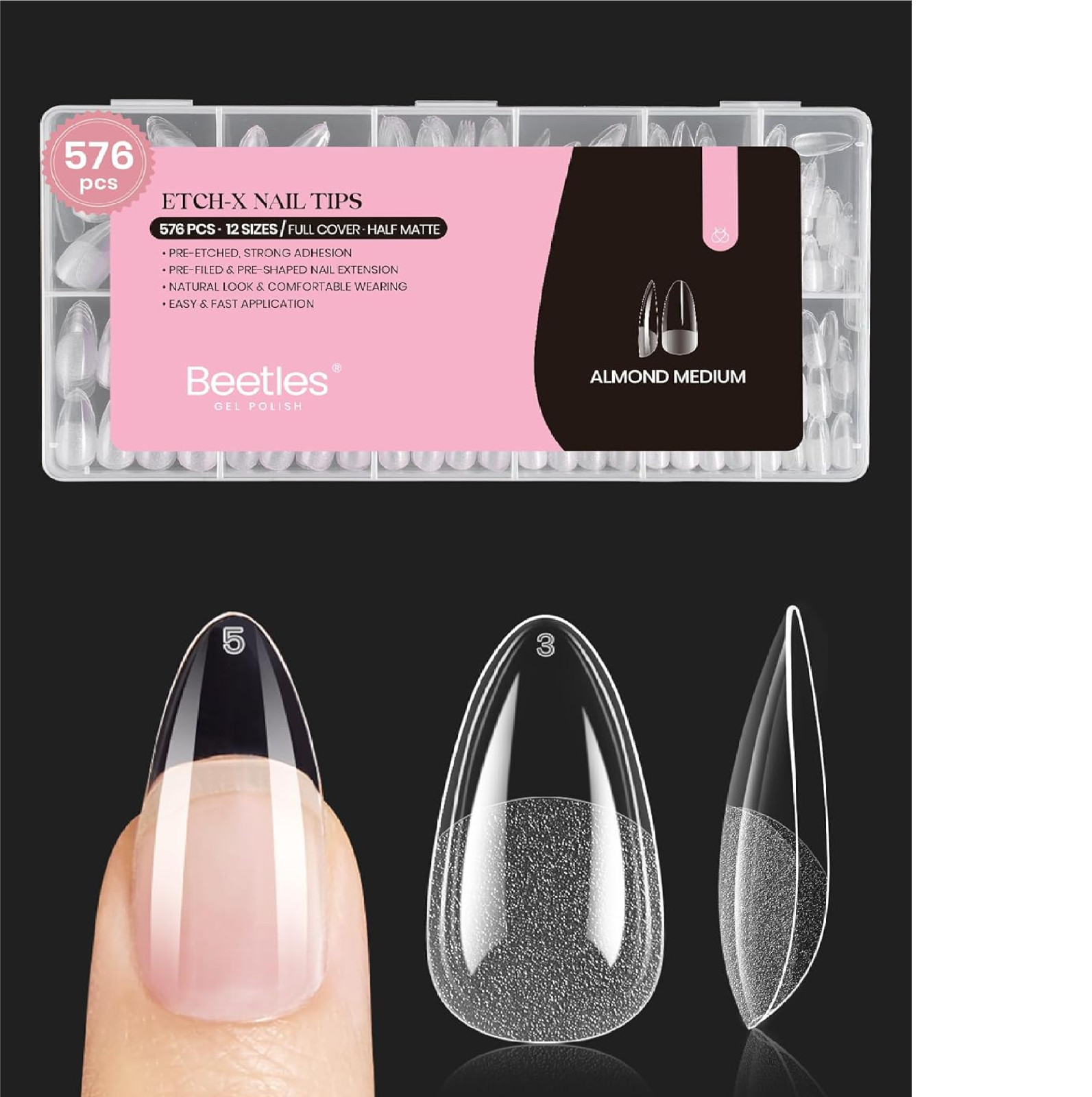 Beetles Medium Almond Nail Tips 576pcs Clear Soft Gel Pre-Etched Full Cover Set