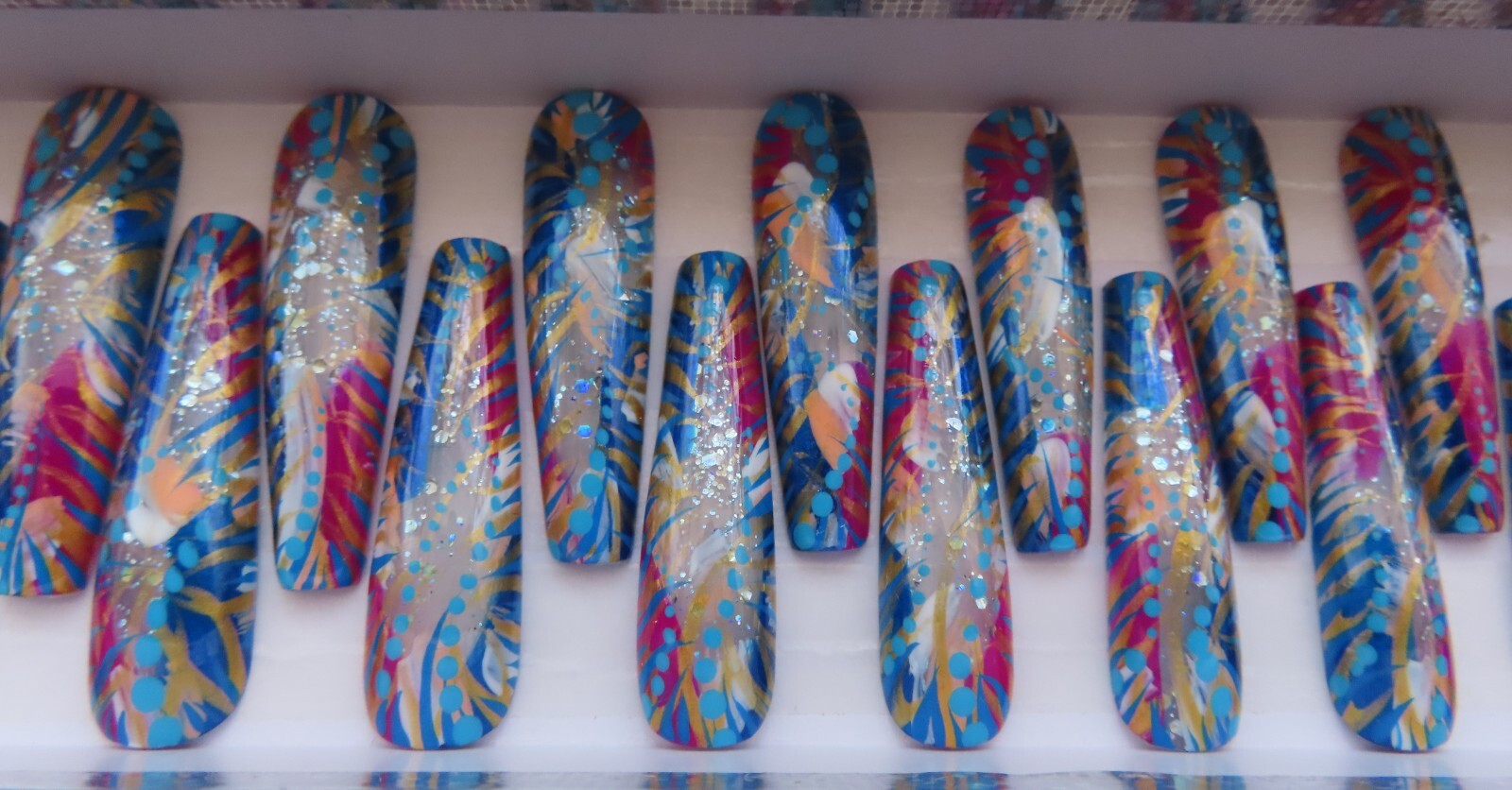 XL Clear Glitter Fuchsia Blue Gold Metallic Abstract Coffin Press On Nails (24)