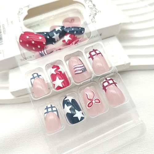 4th of July Press on Nails Short ALmond Checkered Bow Star Polka Dots Designs