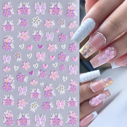 4 Sheets Colorful Flower Nail Art Stickers Decals 5D Embossed Spring flower
