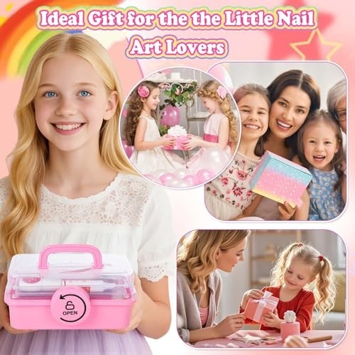 576 Pcs Kids Press-On Nail Art Kit with Glue & Storage Case, Cute Gift for Ages