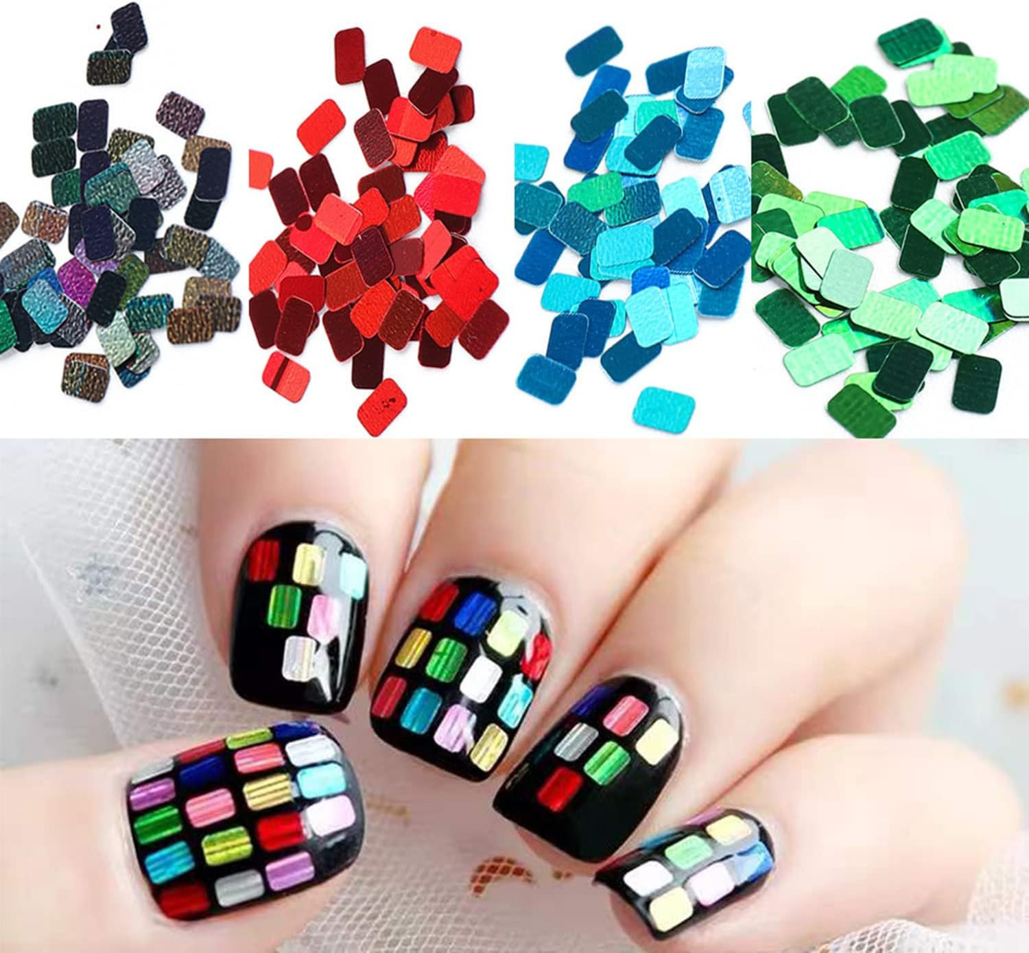 Holographic Nail Glitter Flakes, 12 Colors Rectangle Sparkly Nail Square