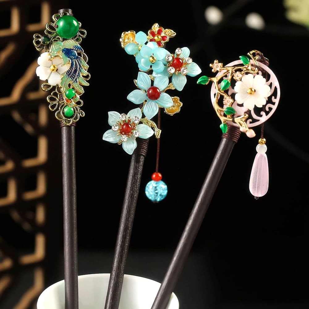3PCS Hair Stick,Flower Pins For 1 Count (Pack of 3), blue,Pink,Green