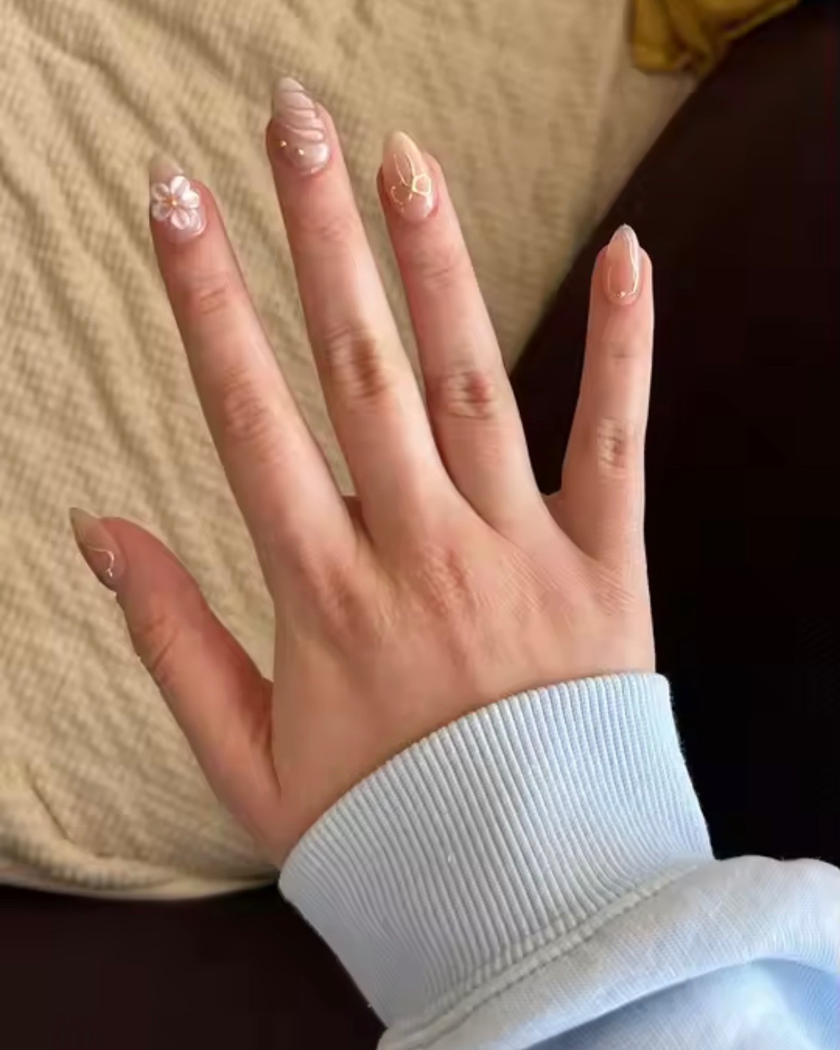 3D Flower Almond Press On Nails Handmade Cat Eye False Nails Pink Nude Fl