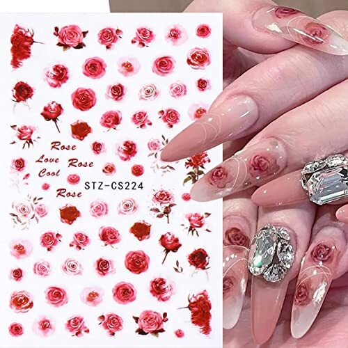 6 Sheets Flower Nail Art Stickers 3D Self-Adhesive Spring Rose Nail Decals