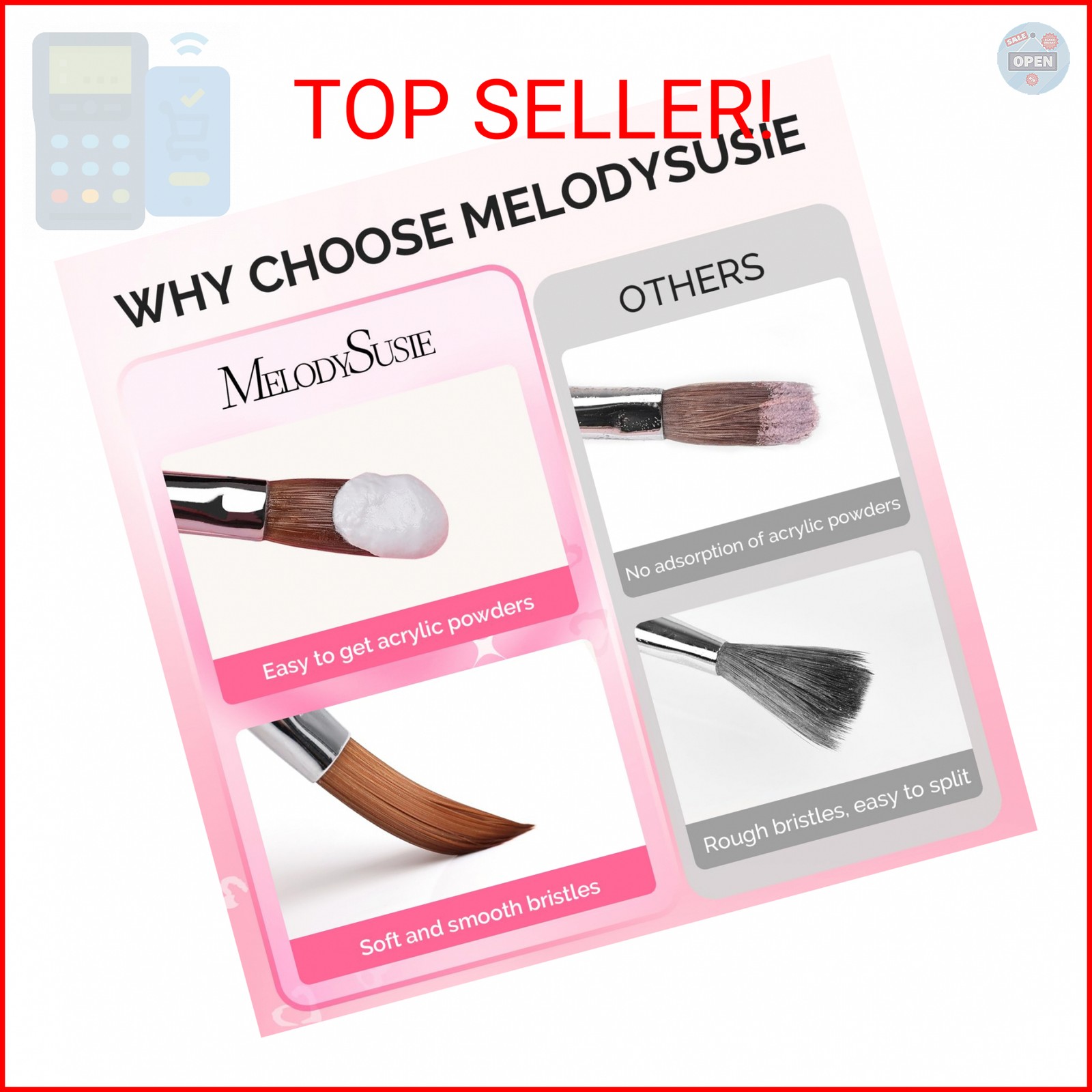 MelodySusie 3-Piece Acrylic Nail Brush Set – Sizes 8/10/14, Professional Nail Ar