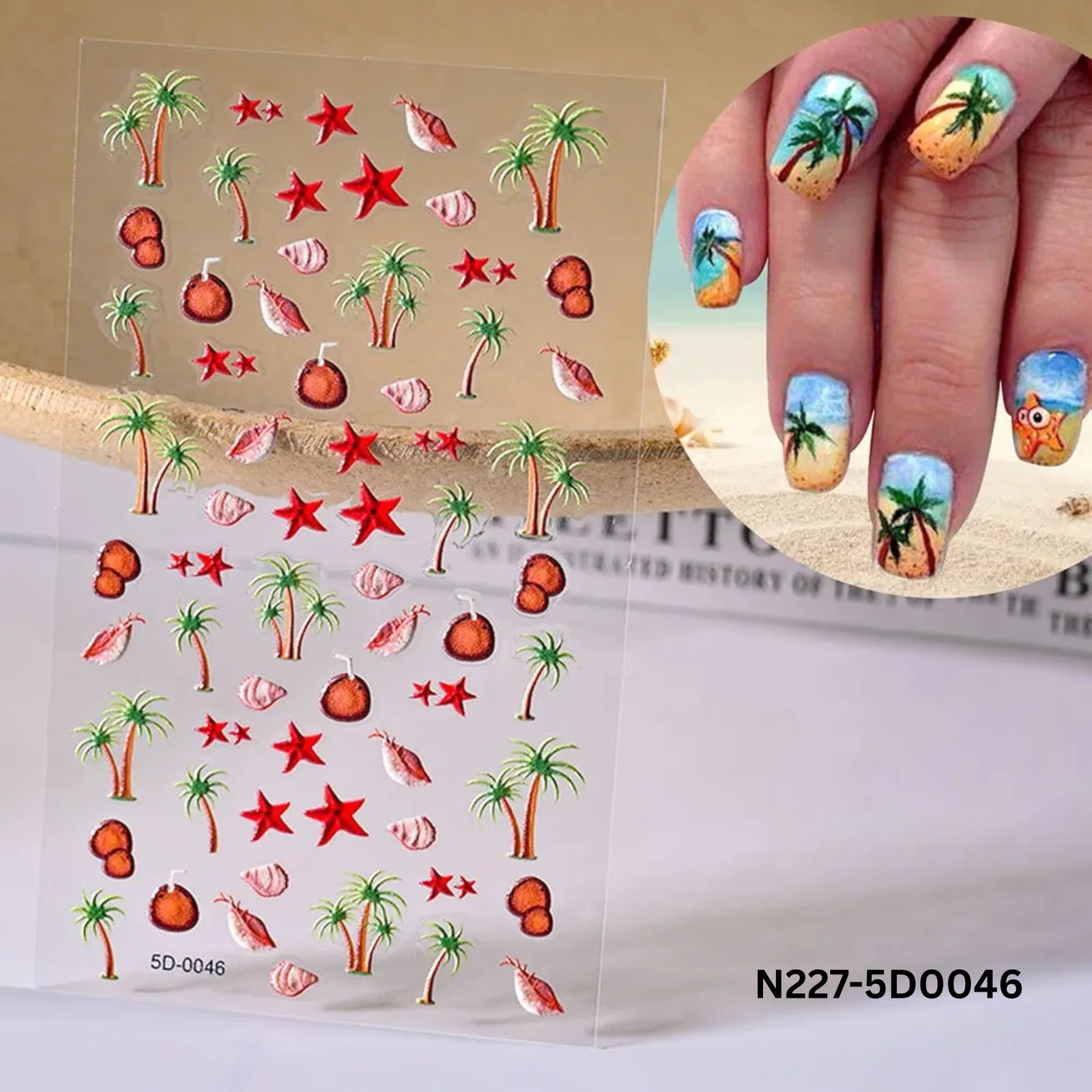 5D Summer Beach Nail Art Stickers – Tropical Palm Trees, Coconuts & Starfish Dec
