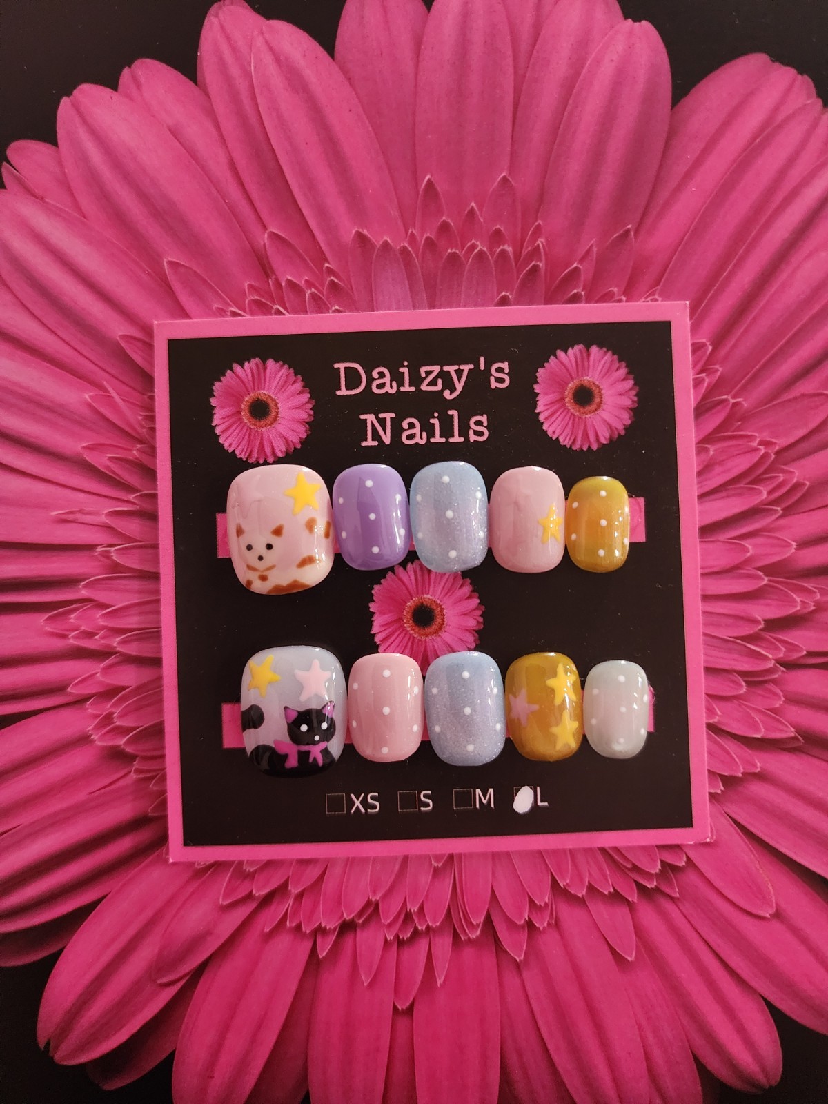 Large Size Cat Dot Star Press-on Nail Set Handmade Square Round 1.5 Cm Length