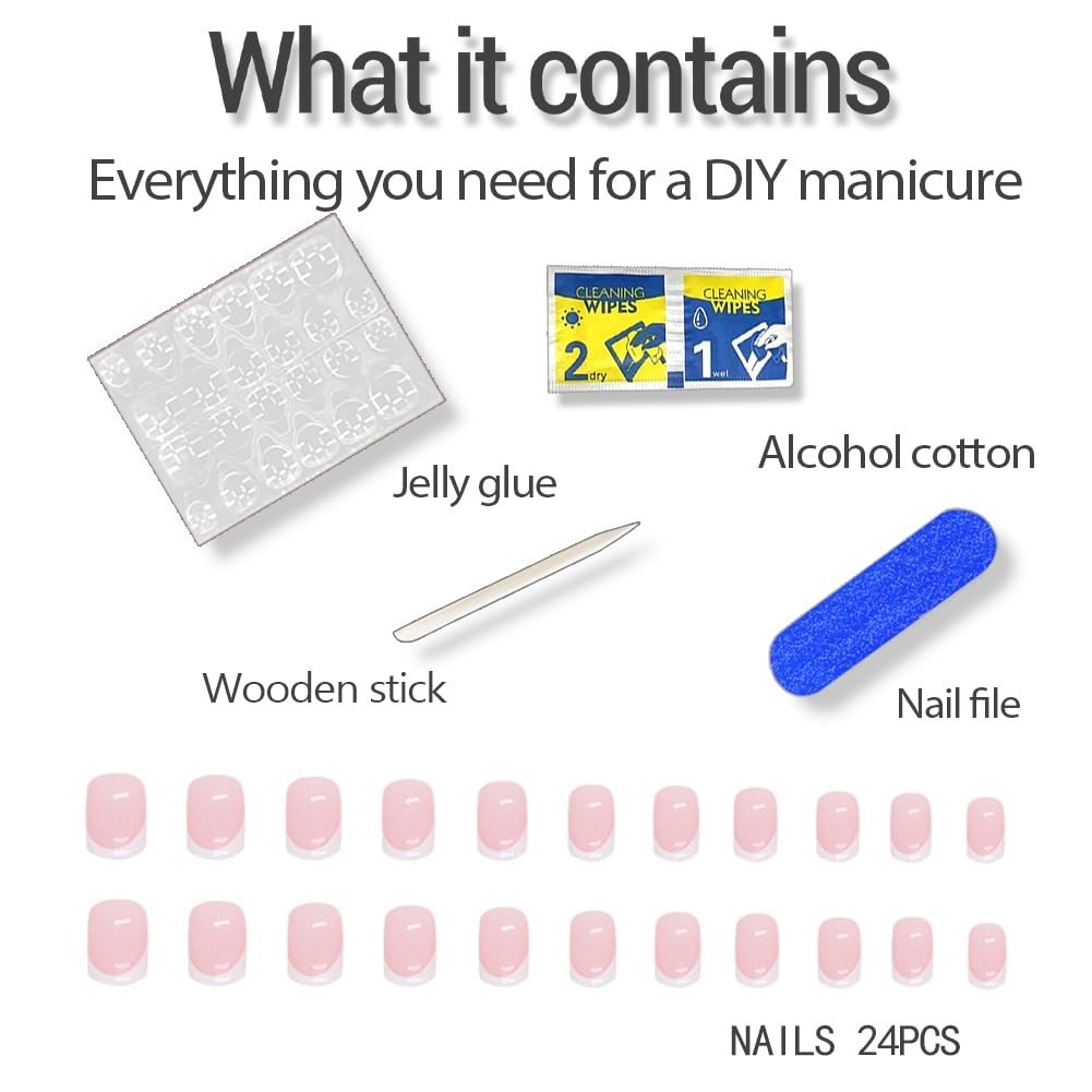 Short Press on Nails 24pcs Square Fake False Nails with White French Tip Desi…