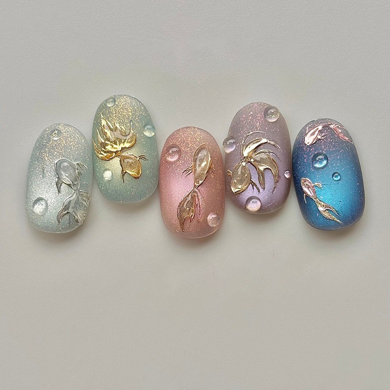 48pcs-Press on Nails Cat Eye Goldfish Print Water Drop Round Oval Nail Art Set