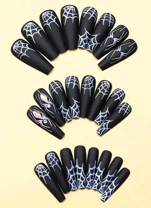 Halloween Glam 24pcs Matte Black Spider and White Spider Pattern, 3D Rhinestone