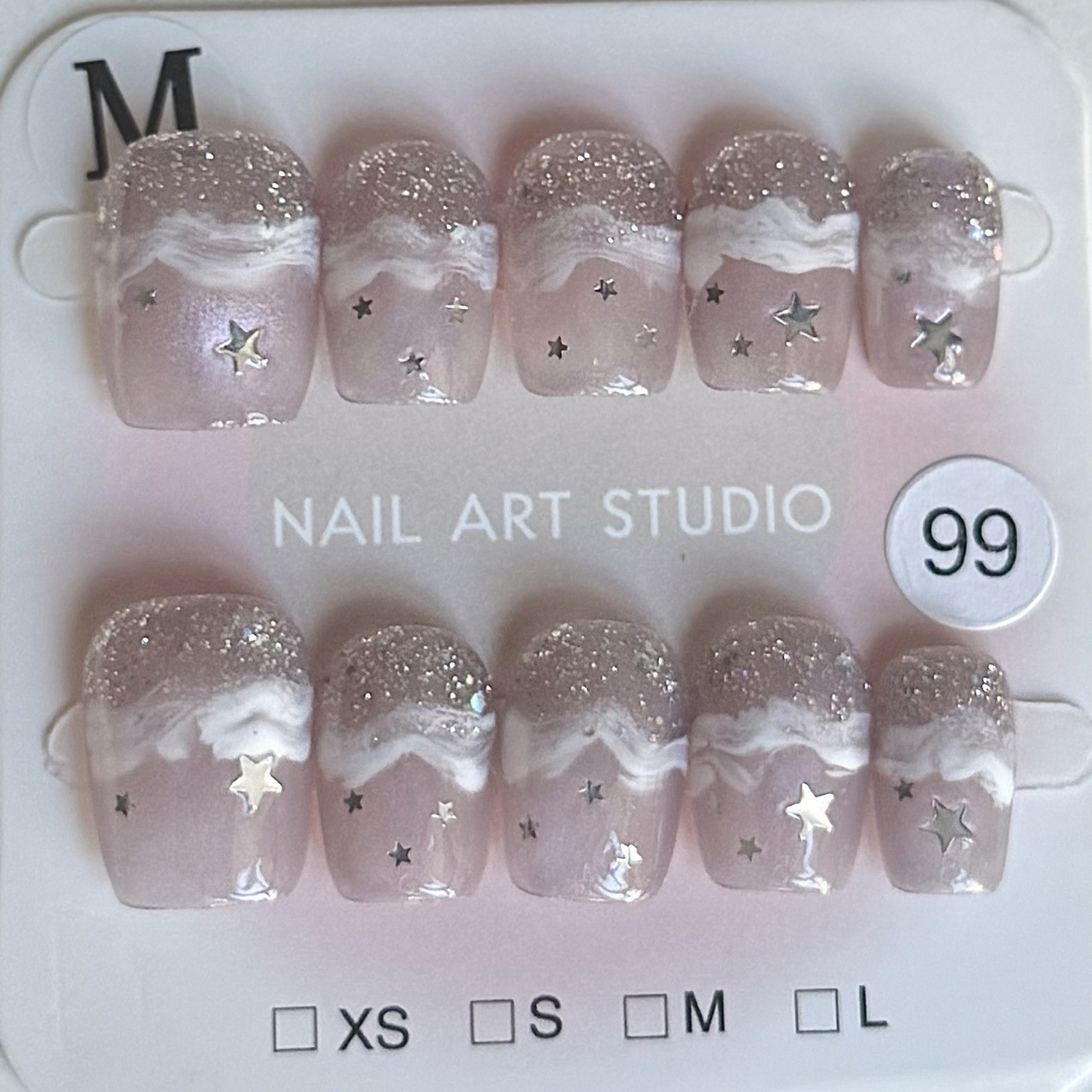 Handmade Pink White Ombre Press-On Nails Short Square Size M Reusable Fake Nails