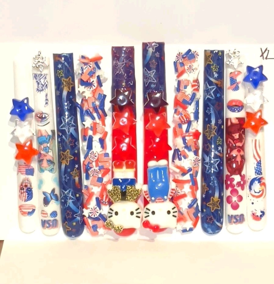 Hand Crafted Patriotic 6Xl Press-On Nails Set — Red,White & Blue Stars SZ XL