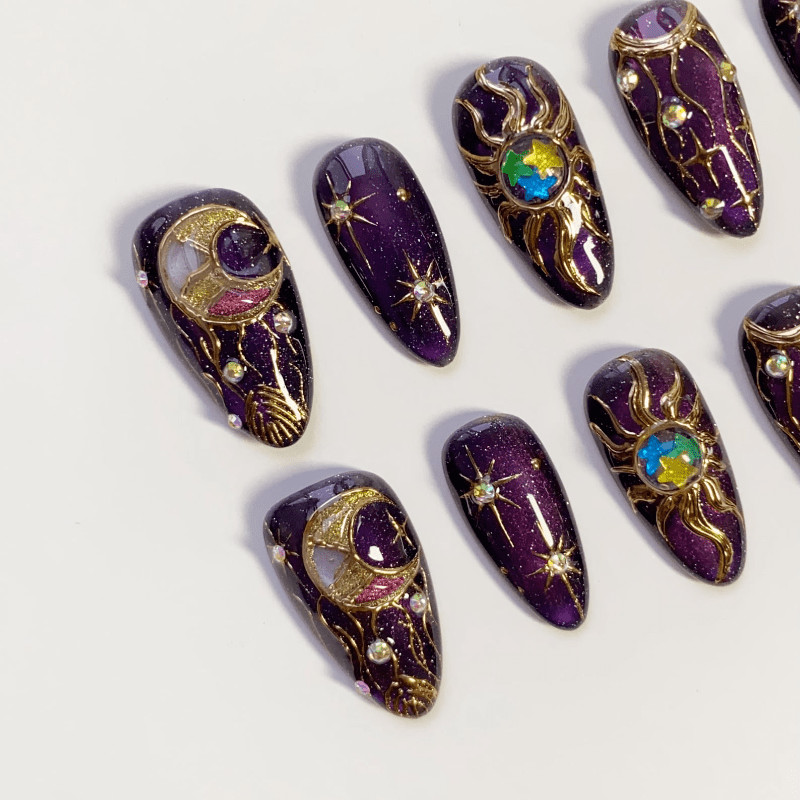 Galaxy Moon Handmade Press on Nails Gold Purple Glitter Star Gloss Fake Nails