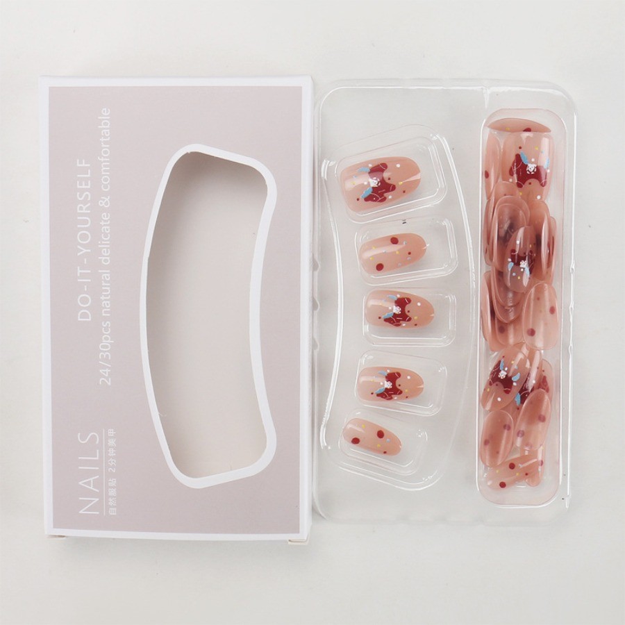 48pcs-Press on Nails Nude Red Cute Rocking Horse Print Glossy Round Nail Art Set
