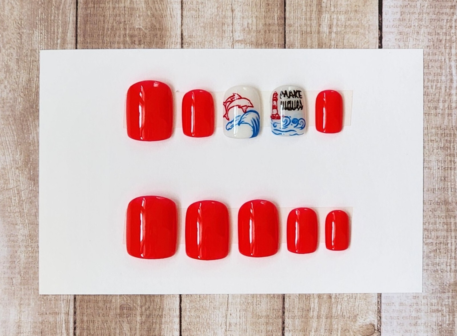 Custom Press On Handmade Gel Nails Red Summer Accents Square Short 20 Tip