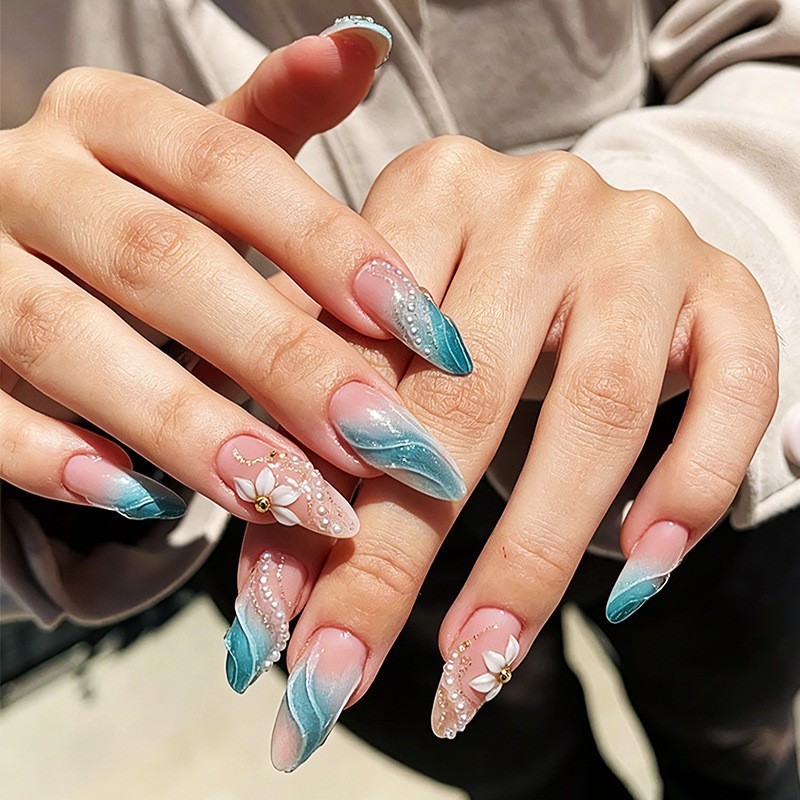 60Pcs-Long Almond Teal Wave 3D Floral Pearl Rhinestone Fake Press on Nails Set