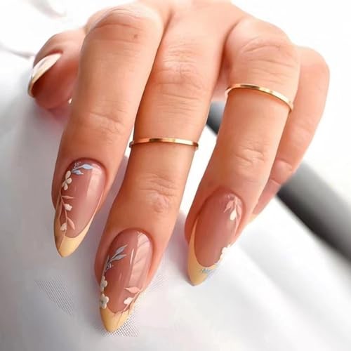 CTTHNBD SHOP Almond, Flower & Leaf Press On Nails – Short, Medium Sizes – 6