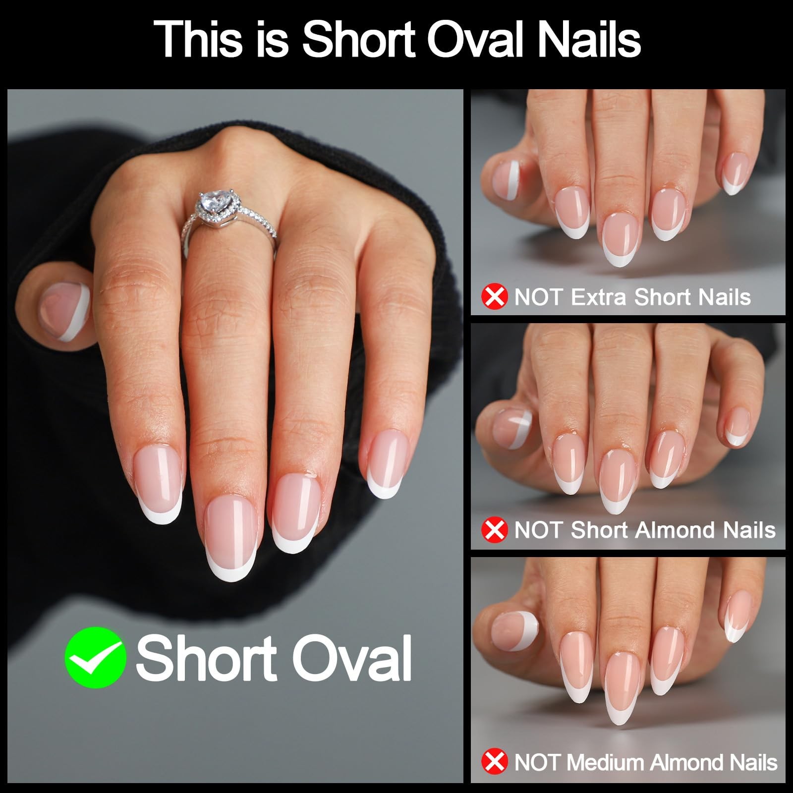 16 Sizes Short Oval Press on Nails, French Tip Short Round Reusable 32pcs Glo…