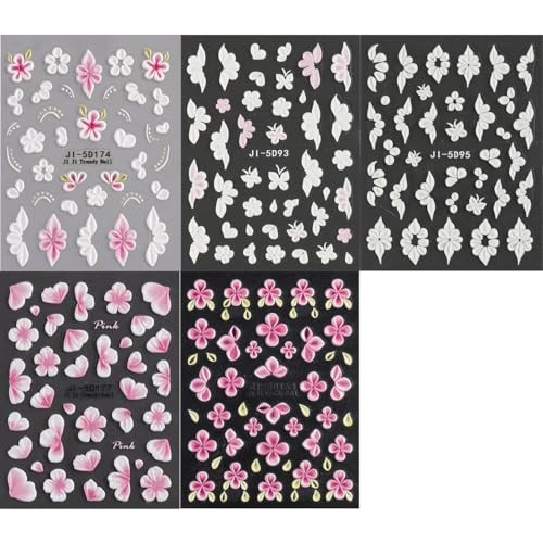 5D Embossed Flowers Nail Art Stickers, 5PCS Self-Adhesive Pink Colorful-04