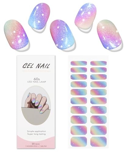 Gel Nail Stickers Rainbow Glitter Semi Cured Gel Nail Strips Wraps UV/LED
