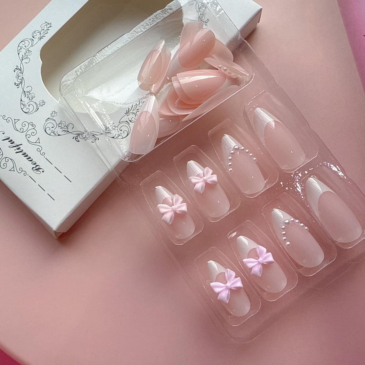 Short Almond Press on Nail with Pink Bow Charm White French Tip Press on Nail…
