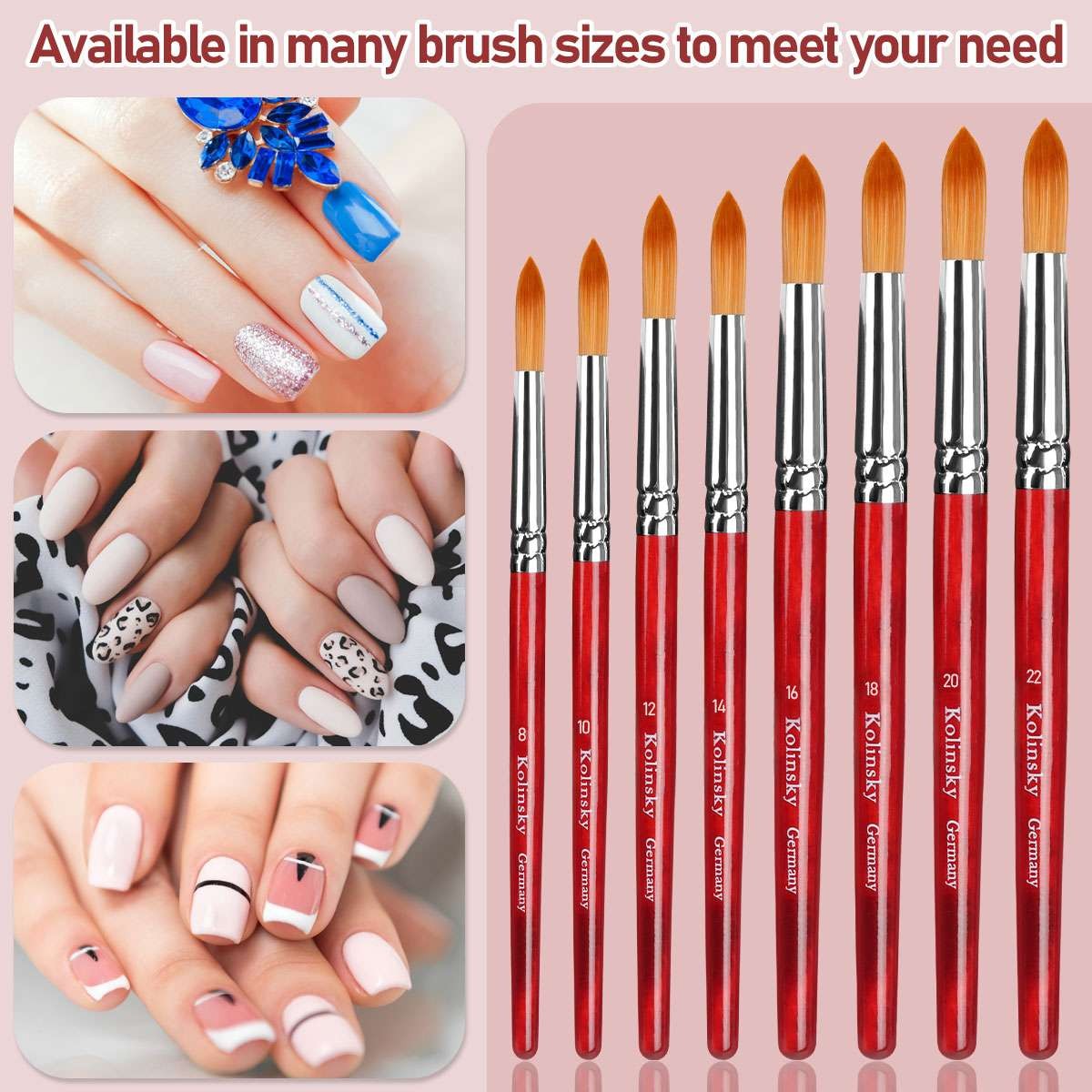 Kolinsky Sable Brush Nail #8-22 Nail Art Brush Red Wood Handle Manicure Tool