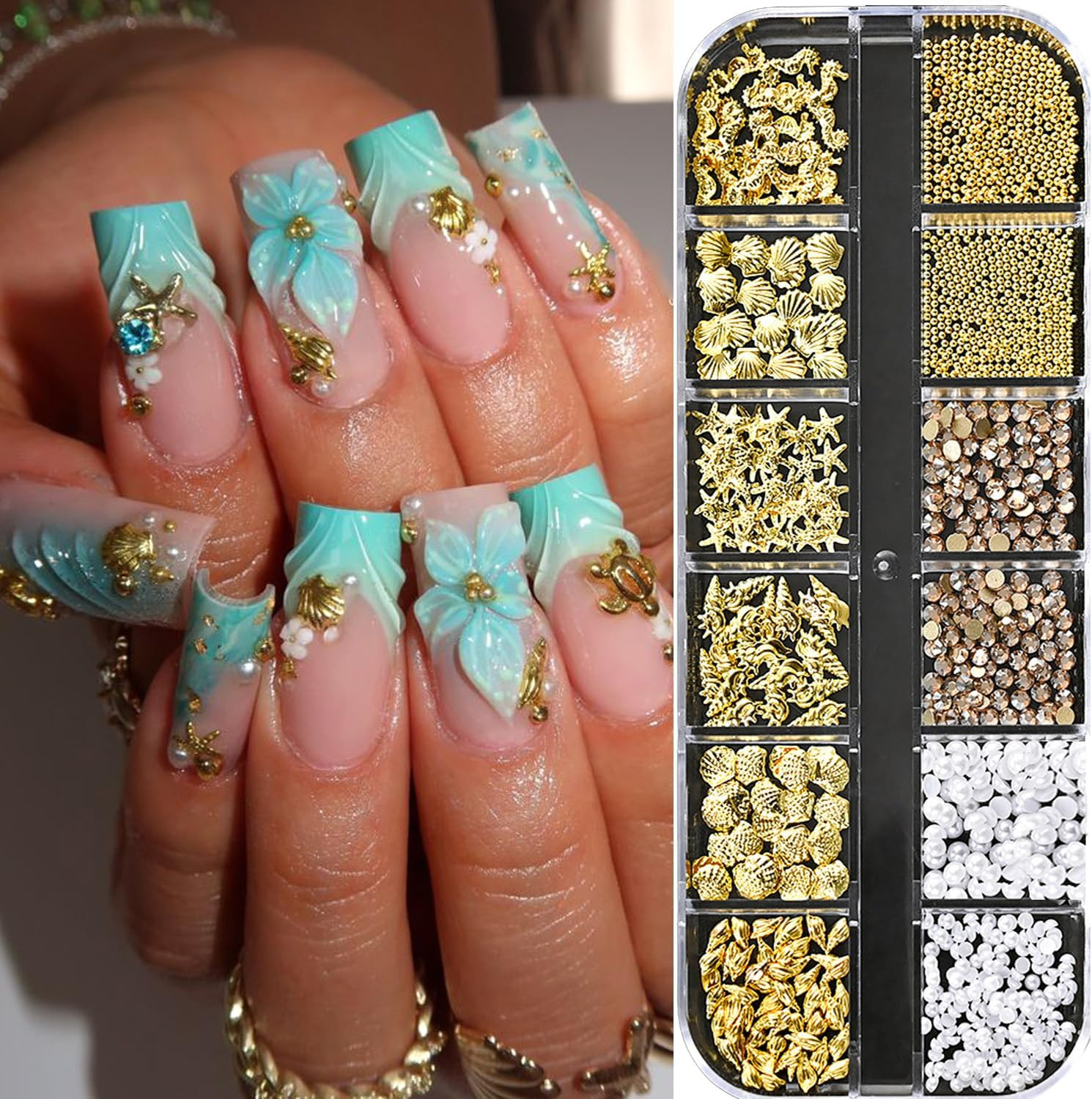 12Grids Summer Metal Nail Art Charms 3D Gold Starfish Shell Conch Nail Charms Sp