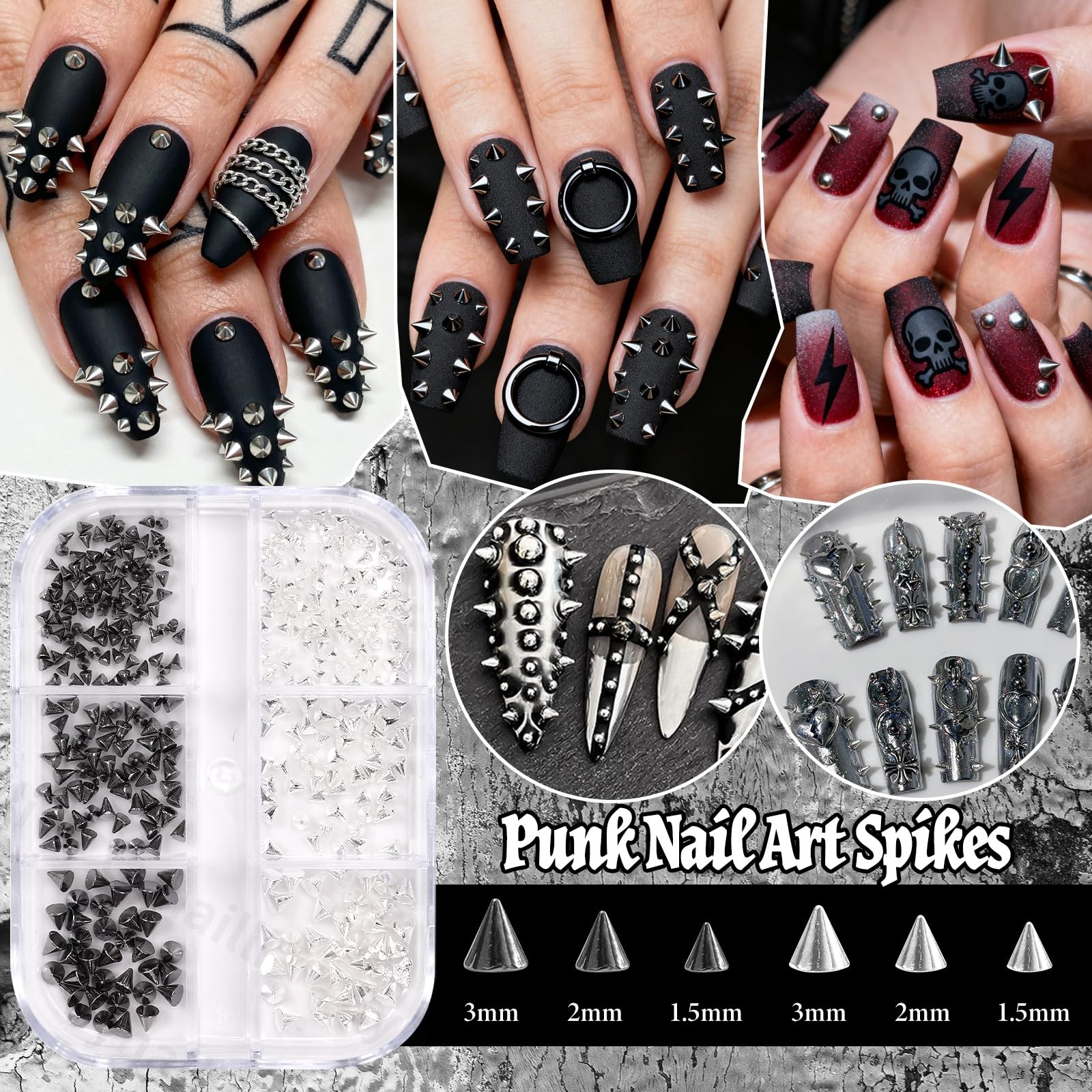 Black Silver Punk Spike Nail Charms Caviar Beads Gothic Metal Studs Rivet