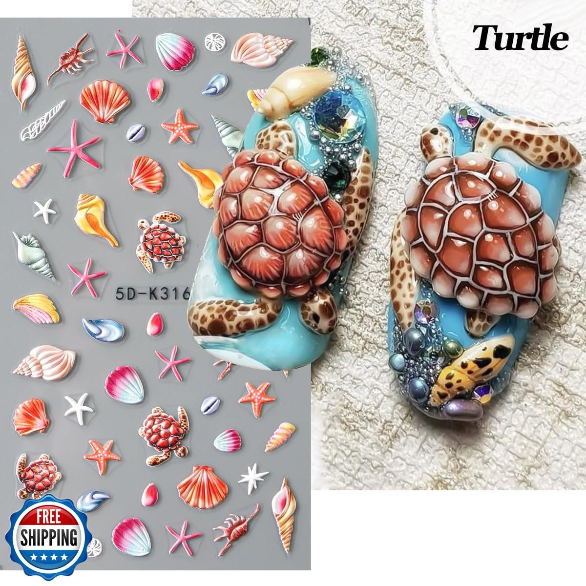 2pcs Summer Nail Stickers Starfish Seashell Turtle 5D Acrylic Engraved Nail D