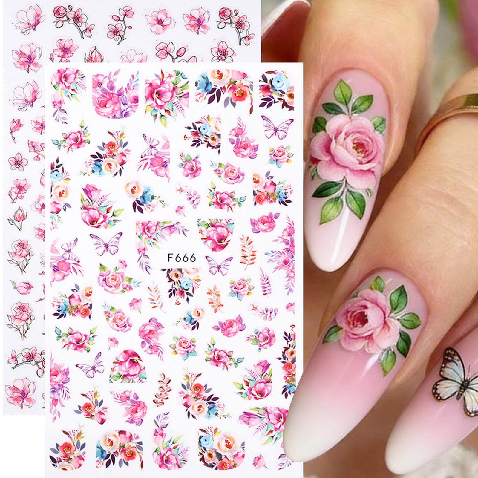 Rose Flower Nail Stickers Decals 12 PCS Romantic Red Pink Rose Nail Art Stick…
