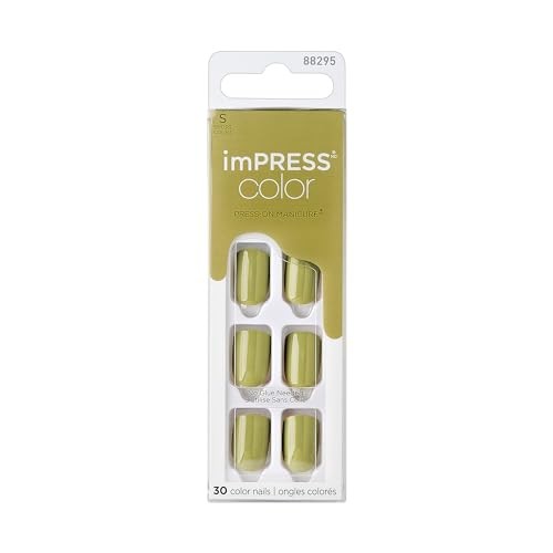Impress Color No Glue Mani 30 Pcs Press on Nails, Olive Green, Green Juice