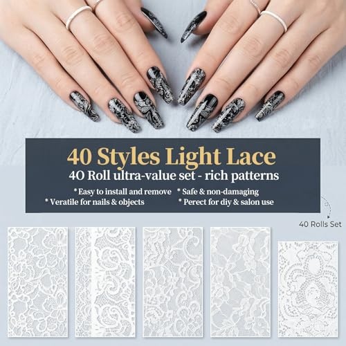40 Rolls Lace Nail Foil, Holographic Lace Transfer Foil Sheets for DIY Nails